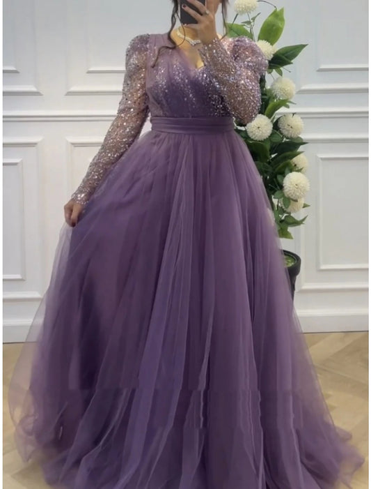 A-Line Prom Dresses Elegant Dress Formal Sweep / Brush Train Long Sleeve V Neck Tulle with Glitter Pleats