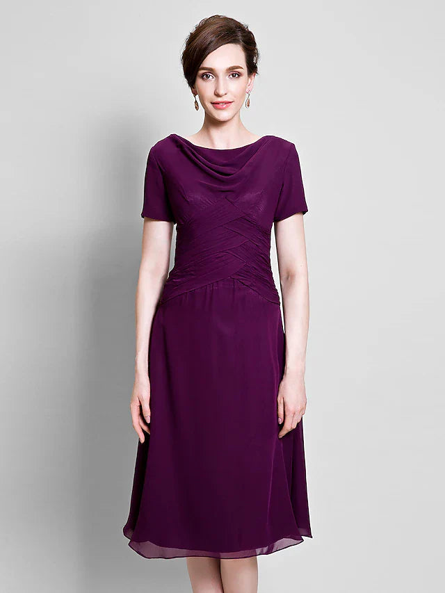 A-Line Mother of the Bride Dress Cowl Neck Tea Length Chiffon Short Sleeve with Ruched Side Draping