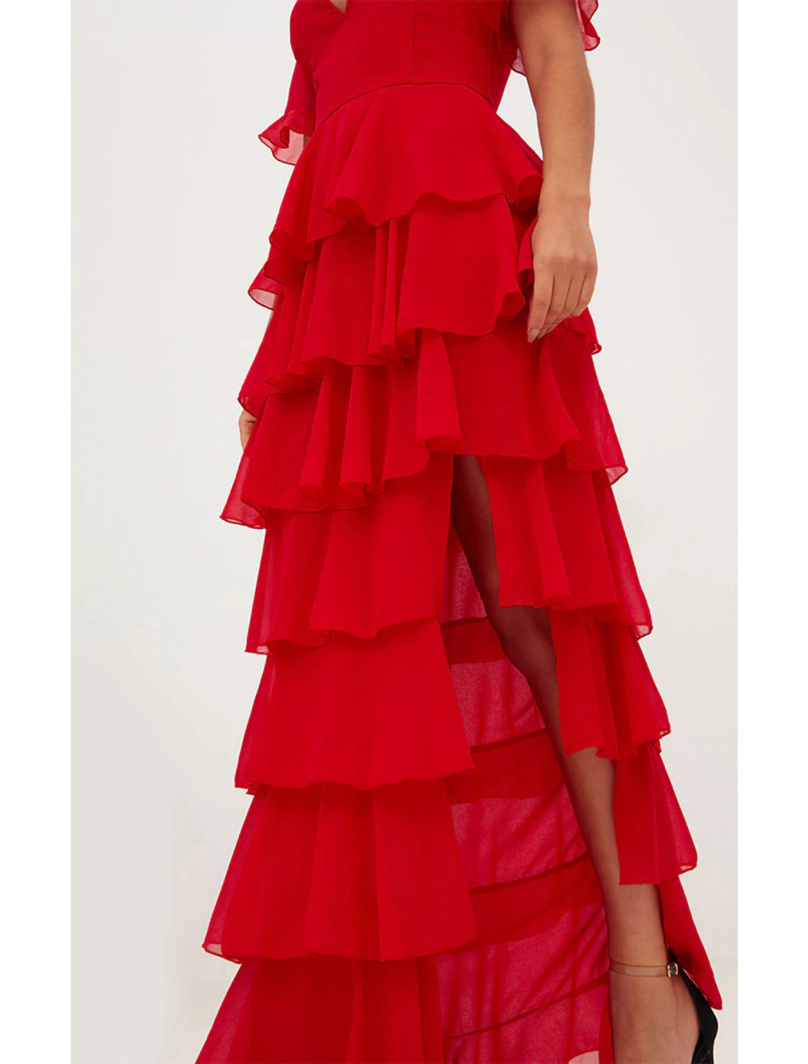 A-Line Evening Dress Red Green Dress Elegant Wedding Guest Formal V Neck Short Sleeve Floor Length Chiffon with Ruffles Tier