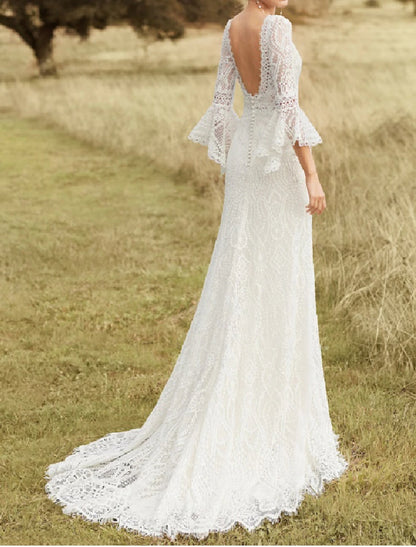 Beach Boho Wedding Dresses A-Line Scoop Neck Long Sleeve Sweep / Brush Train Lace Bridal Gowns With Lace