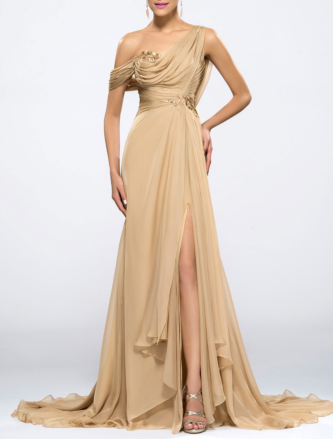 Mermaid / Trumpet Beautiful Back Sexy Wedding Guest Formal Evening Dress One Shoulder Cowl Back Sleeveless Sweep / Brush Train Chiffon with Slit Appliques