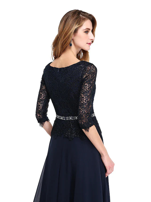 A-Line Mother of the Bride Dress Elegant Jewel Neck Floor Length Chiffon Lace Bodice 3/4 Length Sleeve with Sash / Ribbon Beading