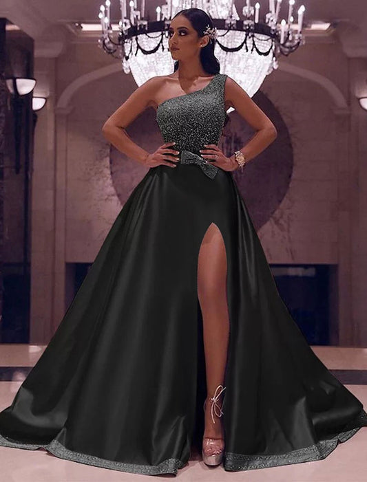 A-Line Prom Dresses Plus Size Dress Wedding Guest Floor Length Sleeveless One Shoulder Satin with Bow(s) Sequin Slit