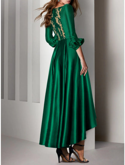 A-Line Cocktail Dresses Elegant Dress Wedding Guest Birthday Asymmetrical 3/4 Length Sleeve V Neck Satin with Bow(s) Pleats