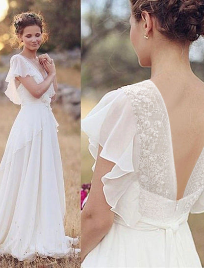 Beach Boho Wedding Dresses A-Line V Neck Short Sleeve Floor Length Chiffon Bridal Gowns With Beading Appliques