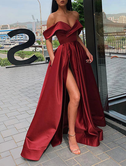 A-Line Evening Gown Celebrity Dress Red Green Dress Prom Floor Length Short Sleeve V Neck Fall Wedding Guest Satin with Slit