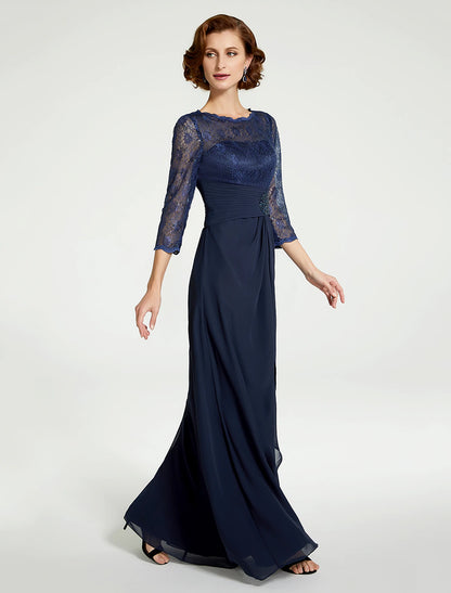 A-Line Mother of the Bride Dress Jewel Neck Floor Length Chiffon Lace 3/4 Length Sleeve with Lace Ruching