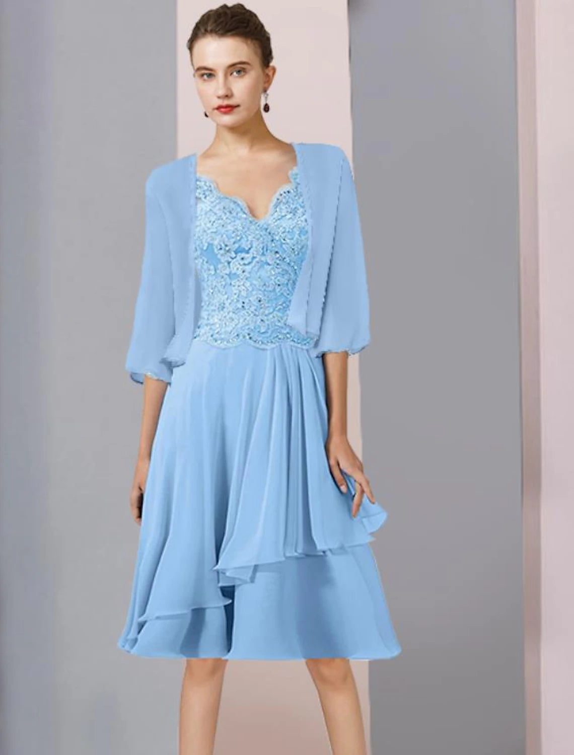 Two Piece A-Line Mother of the Bride Dress Formal Wedding Guest Elegant V Neck Knee Length Chiffon Lace 3/4 Length Sleeve Wrap Included with Beading Sequin Appliques