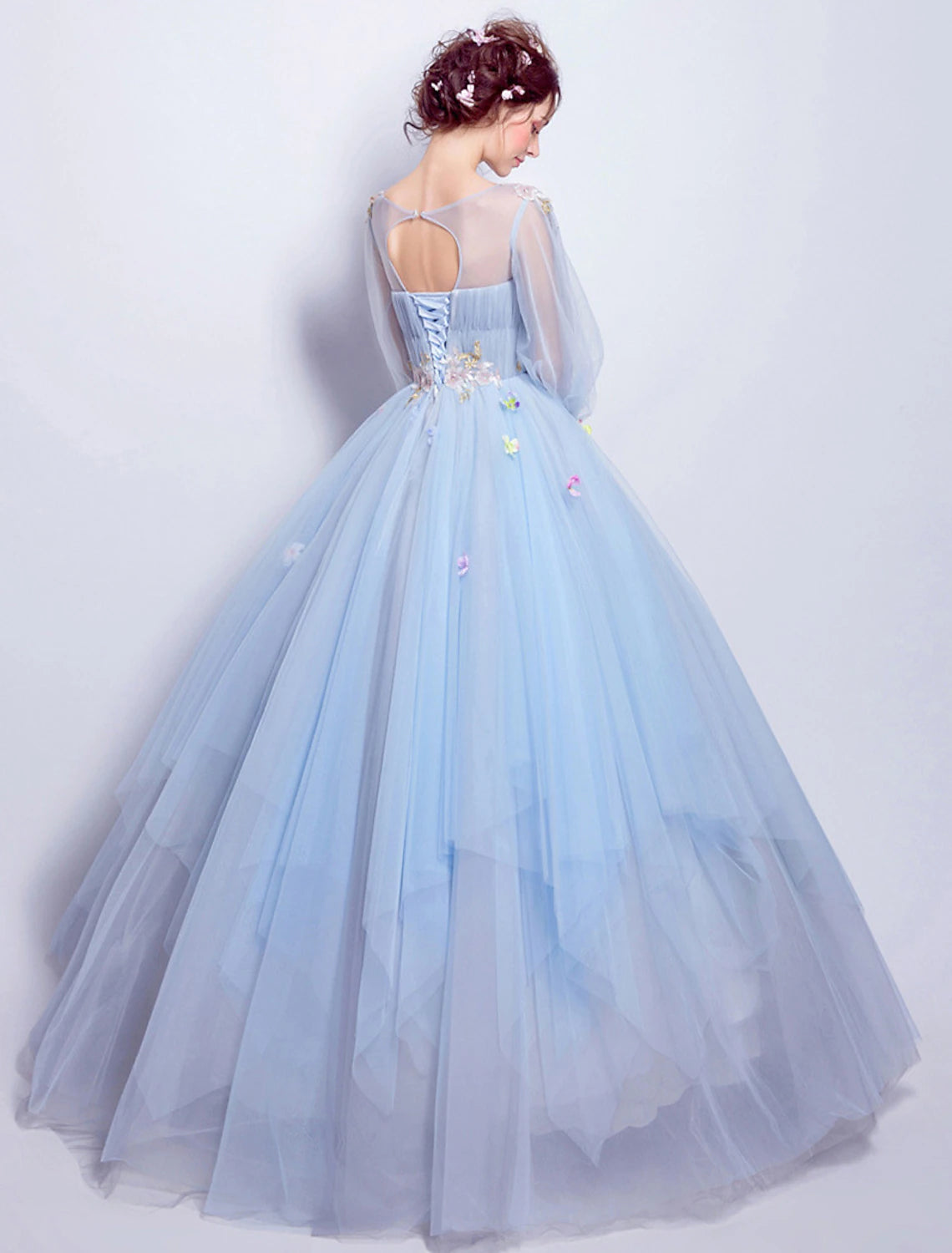 Ball Gown Elegant Floral Puffy Quinceanera Engagement Dress Illusion Neck 3/4 Length Sleeve Floor Length Tulle with Pleats Appliques