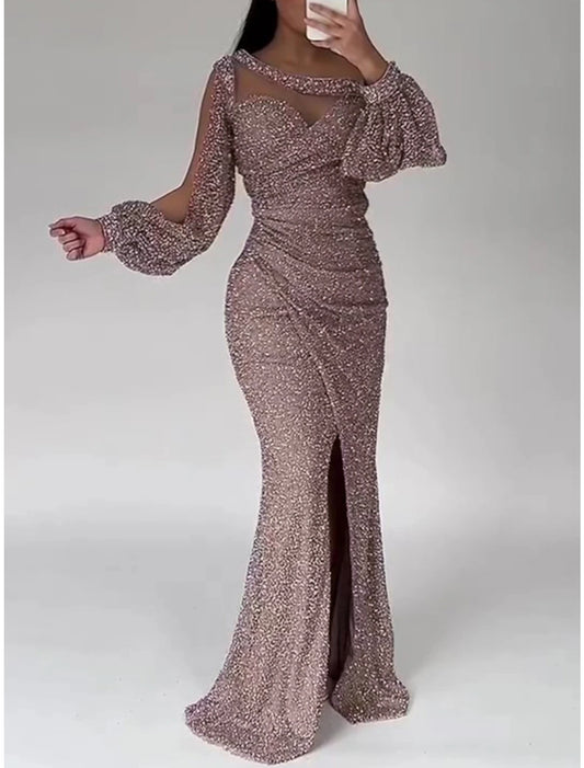 Mermaid / Trumpet Evening Gown Party Dress Formal Sweep / Brush Train Long Sleeve Scoop Neck Sequined with Glitter Ruched Slit