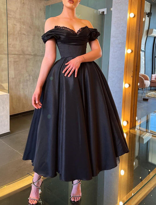 A-Line Prom Black Dress Plus Size Vintage Dress Masquerade Wedding Party Tea Length Short Sleeve Off Shoulder Fall Wedding Guest Satin with Ruched