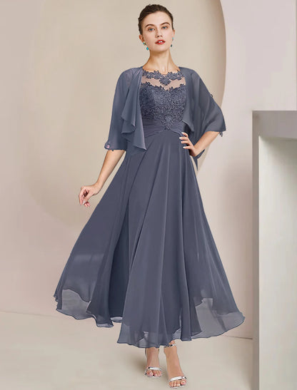 wo Piece A-Line Mother of the Bride Dress Formal Wedding Guest Elegant Scoop Neck Tea Length Chiffon Lace 3/4 Length Sleeve Wrap Included with Appliques Ruching