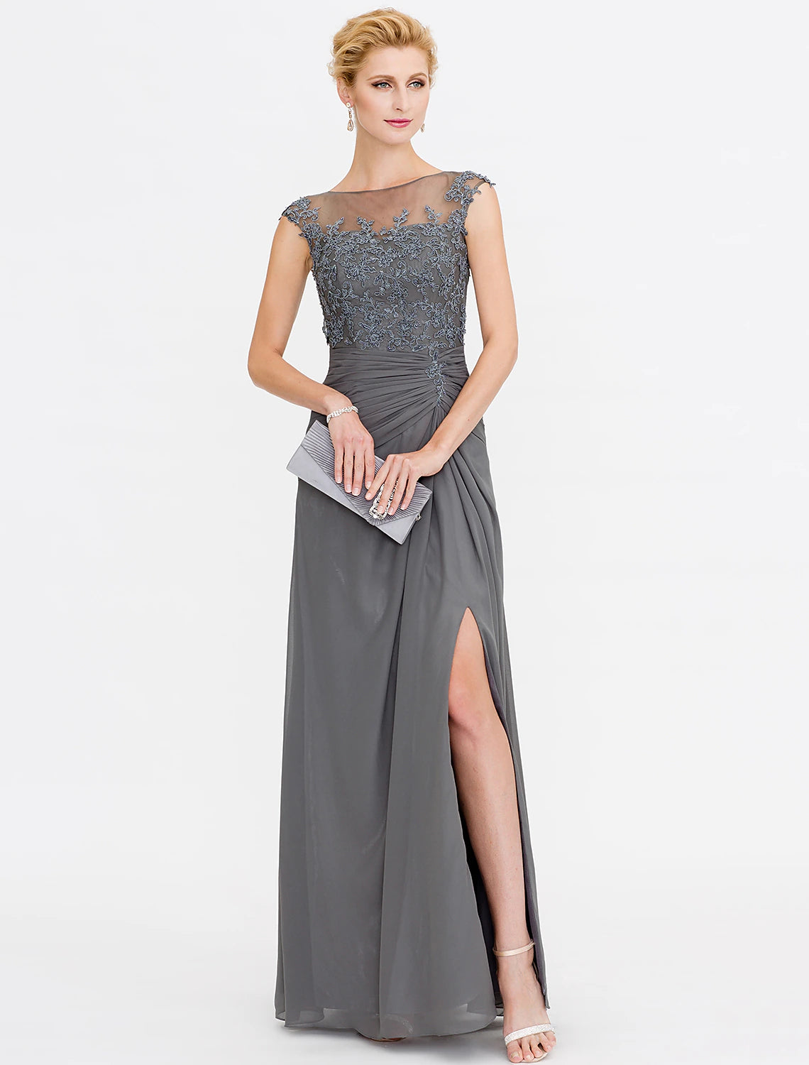 A-Line Mother of the Bride Dress Elegant See Through Bateau Neck Floor Length Chiffon Lace Sleeveless with Side Draping