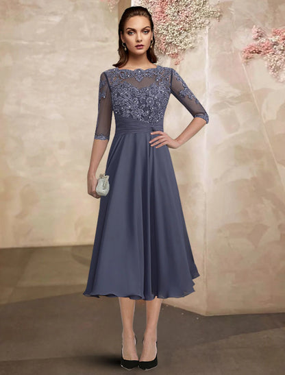 A-Line Mother of the Bride Dress Plus Size Elegant Jewel Neck Tea Length Chiffon Lace Half Sleeve with Ruched Beading Appliques