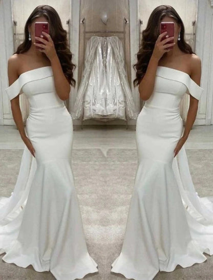 Reception Sexy Wedding Dresses Mermaid / Trumpet Off Shoulder Cap Sleeve Sweep / Brush Train Stretch Fabric Bridal Gowns With Solid Color