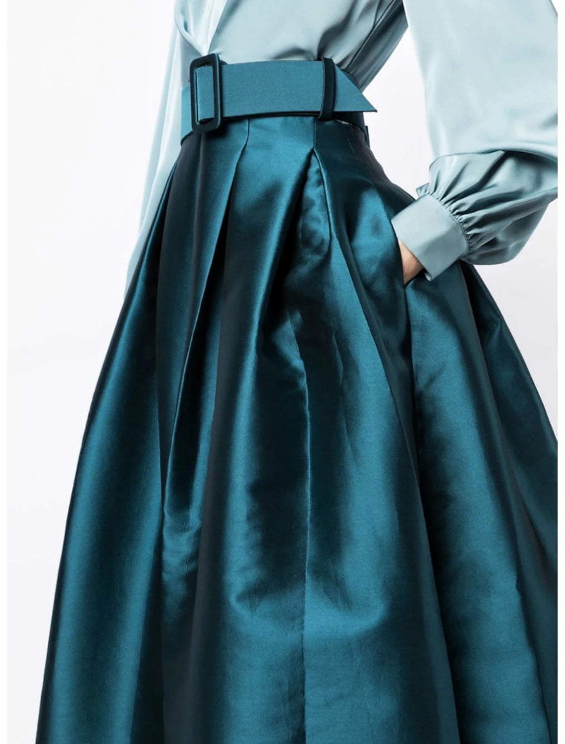 A-Line Formal Satin Pocket Christmas Red Green Dress Long Sleeve Blue Evening Gown High Split Wedding Guest Dress Fall Wedding Floor Length Color Contrast V Neck Belt / Sash Navy with Pleats Slit