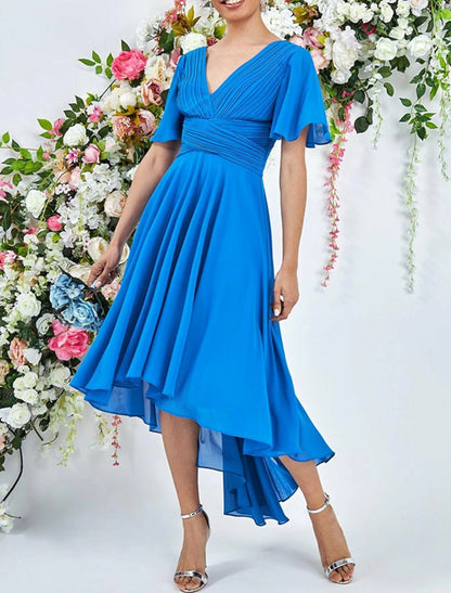 A-Line Cocktail Dresses Elegant Dress Wedding Summer Asymmetrical Sleeveless V Neck Chiffon with Ruched