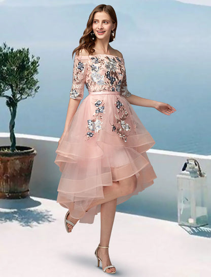 A-Line Prom Dresses Floral Dress Evening Party Wedding Party Asymmetrical Half Sleeve Off Shoulder Satin with Embroidery Appliques