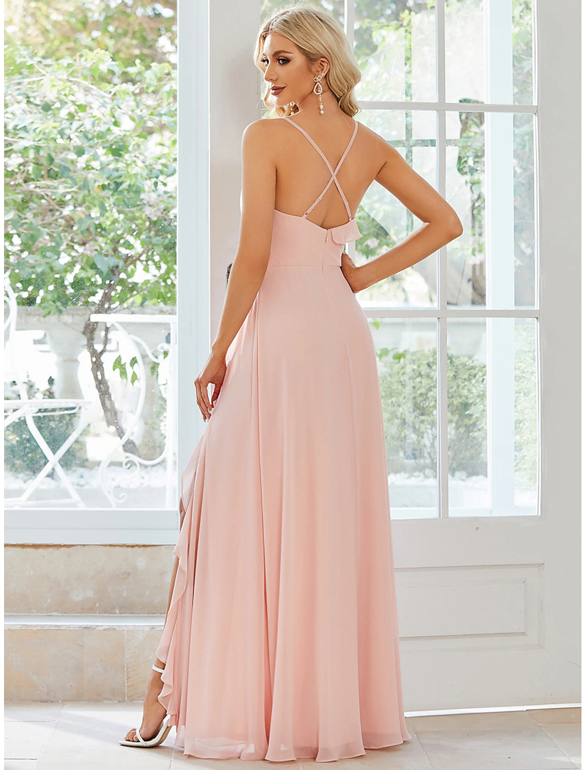 A-Line Wedding Guest Dresses Casual Dress Party Wear Floor Length Sleeveless Spaghetti Strap Chiffon with Ruffles Slit