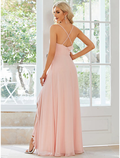 A-Line Wedding Guest Dresses Casual Dress Party Wear Floor Length Sleeveless Spaghetti Strap Chiffon with Ruffles Slit