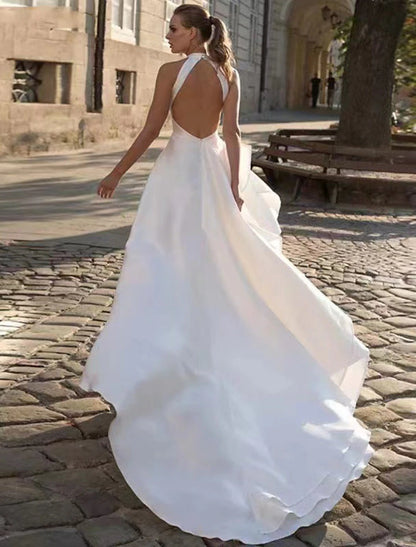 Reception Open Back Casual Wedding Dresses A-Line Halter Sleeveless Court Train Satin Bridal Gowns With