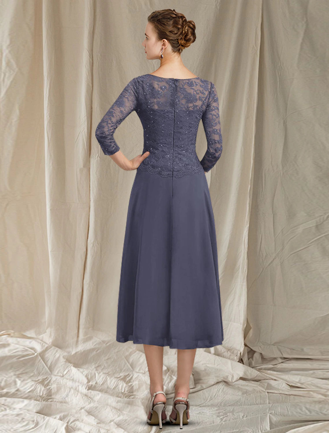 A-Line Mother of the Bride Dress Elegant Jewel Neck Tea Length Chiffon Lace 3/4 Length Sleeve with Sequin