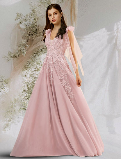 A-Line Beautiful Back Floral Open Back Engagement Prom Dress V Neck Backless Sleeveless Floor Length Tulle with Bow(s) Appliques