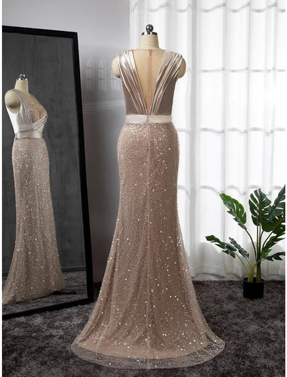 A-Line Evening Gown Elegant Dress Formal Court Train Long Sleeve Illusion Neck Stretch Satin with Pleats Ruched Beading