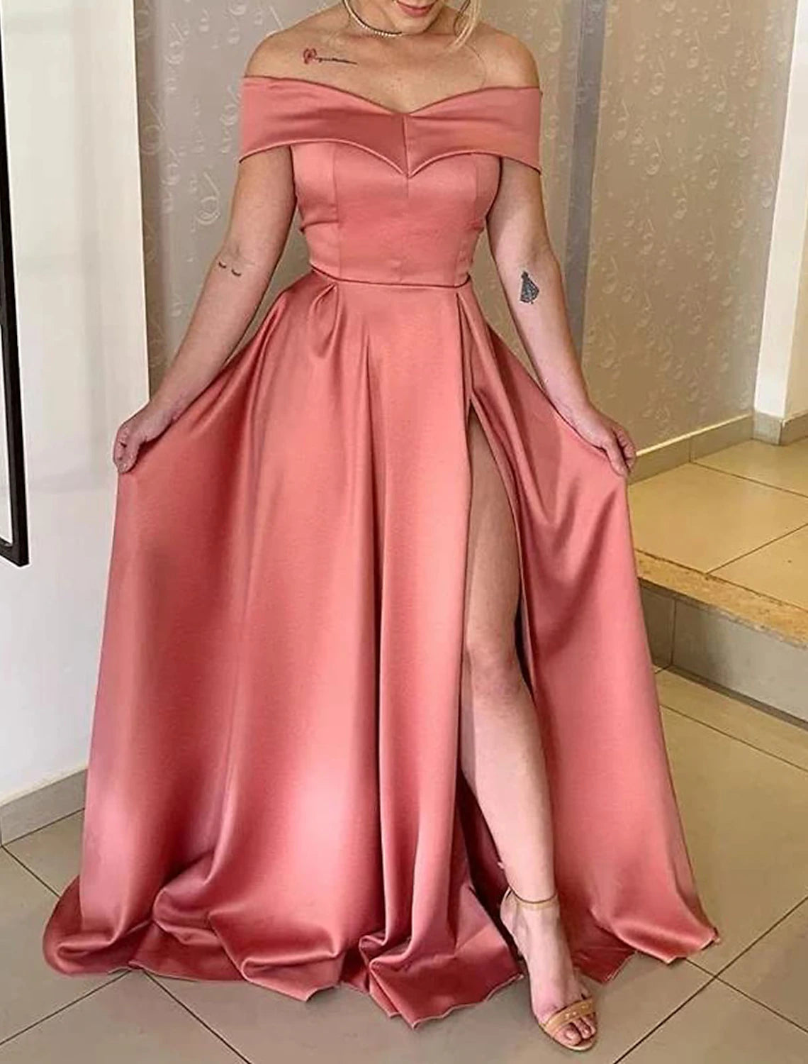 Women's Off The Shoulder Satin Prom Dresses Long with Pockets A line Slit Formal Evening Party Gowns