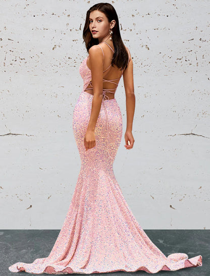 Mermaid / Trumpet Prom Dresses Open Back Dress Prom Sweep / Brush Train Sleeveless Sweetheart Sequined Backless with Sequin