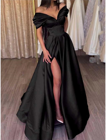 A-Line Evening Gown High Split Dress Black Dress Formal Carival Floor Length Short Sleeve Off Shoulder Satin with Pleats Slit