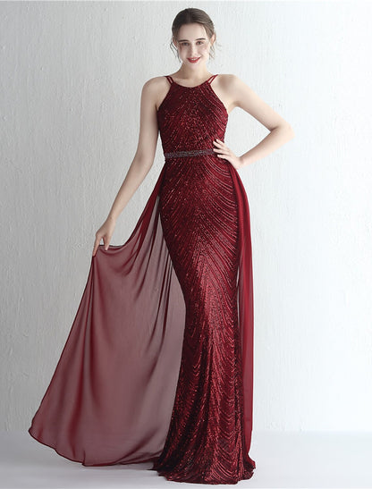 Mermaid / Trumpet Prom Dresses Elegant Dress Formal Floor Length Sleeveless Halter Chiffon with Beading Sequin