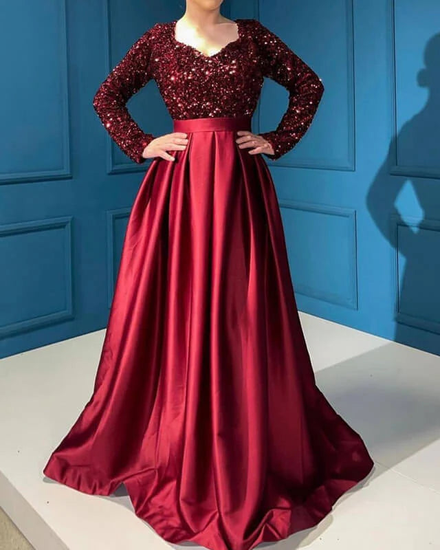 A-line V-neck Dress With Sequin Sleeves Satin Prom Dresses