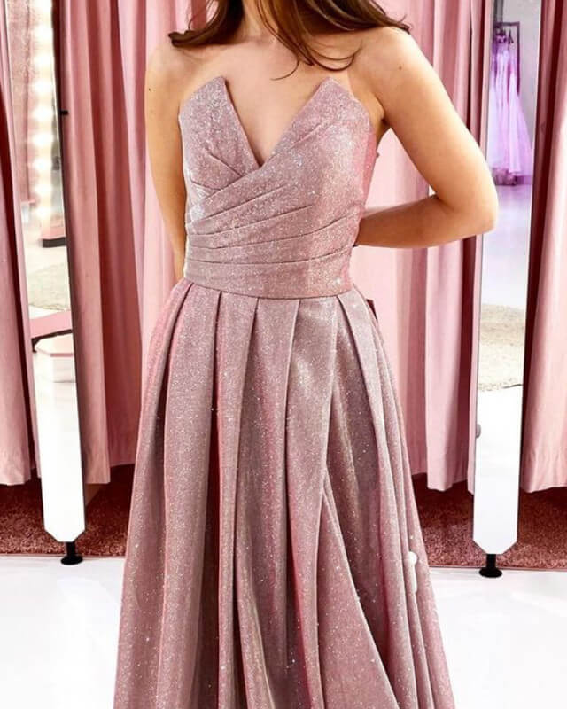 A-line Glitter Long Strapless Prom Dresses