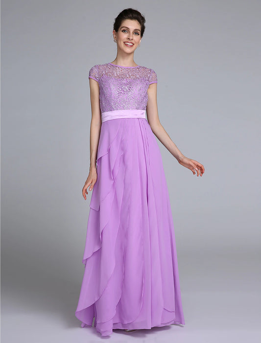 Sheath / Column Mother of the Bride Dress See Through Jewel Neck Floor Length Chiffon Short Sleeve No with Lace