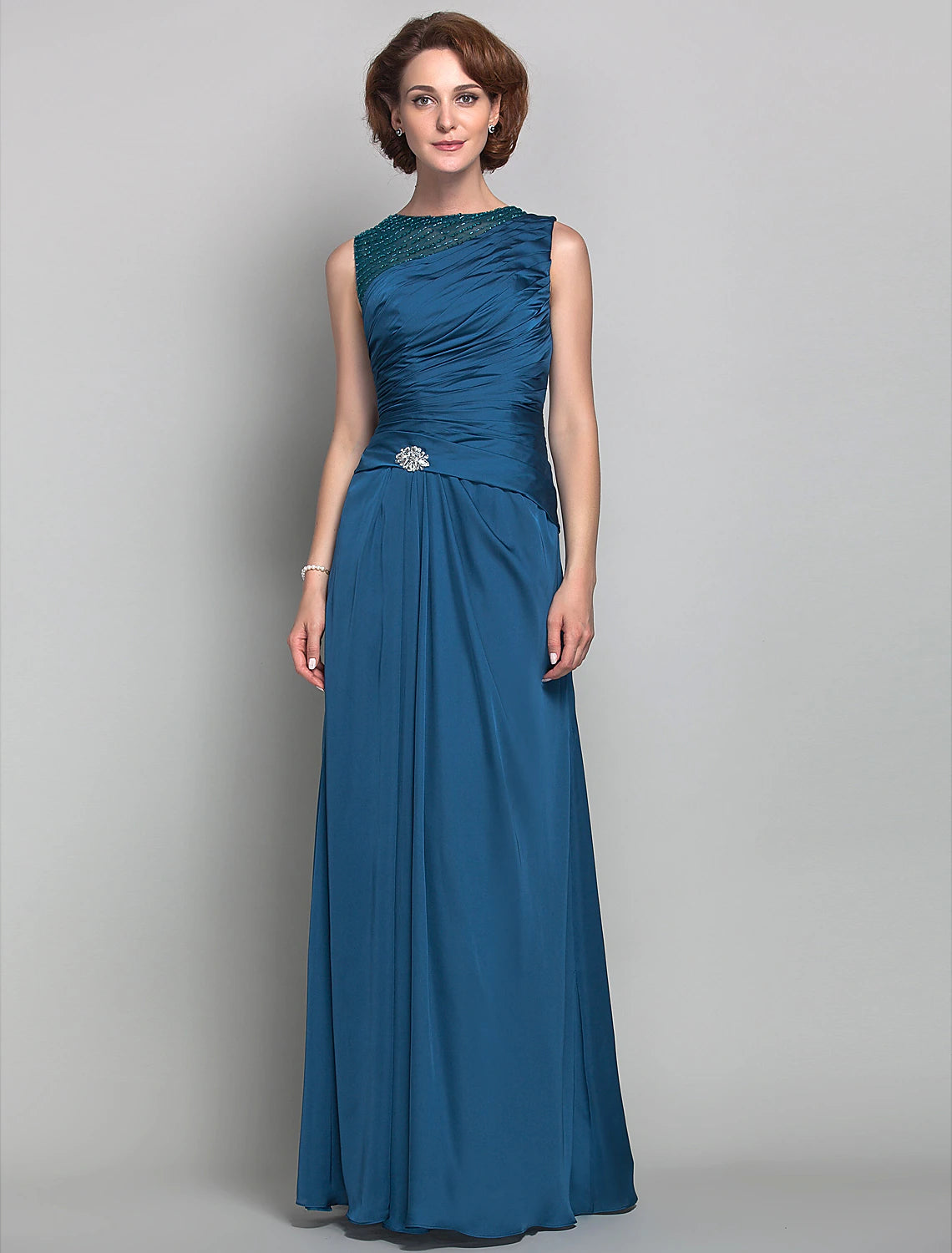 Sheath / Column Mother of the Bride Dress Vintage Inspired Jewel Neck Floor Length Satin Chiffon Sleeveless with Beading