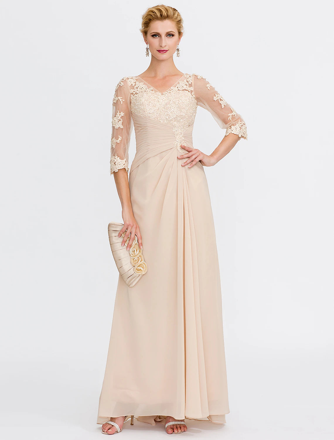 A-Line Mother of the Bride Dress Plus Size Elegant See Through V Neck Floor Length Chiffon Half Sleeve with Appliques Side Draping