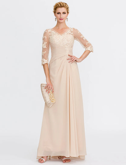 A-Line Mother of the Bride Dress Plus Size Elegant See Through V Neck Floor Length Chiffon Half Sleeve with Appliques Side Draping