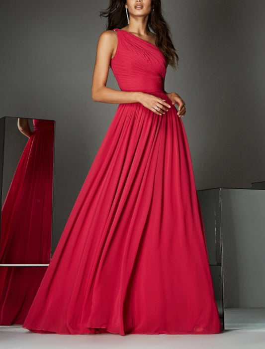 A-Line Evening Gown Empire Dress Wedding Guest Formal Evening Sweep / Brush Train Sleeveless One Shoulder Bridesmaid Dress Chiffon with Pleats Ruched