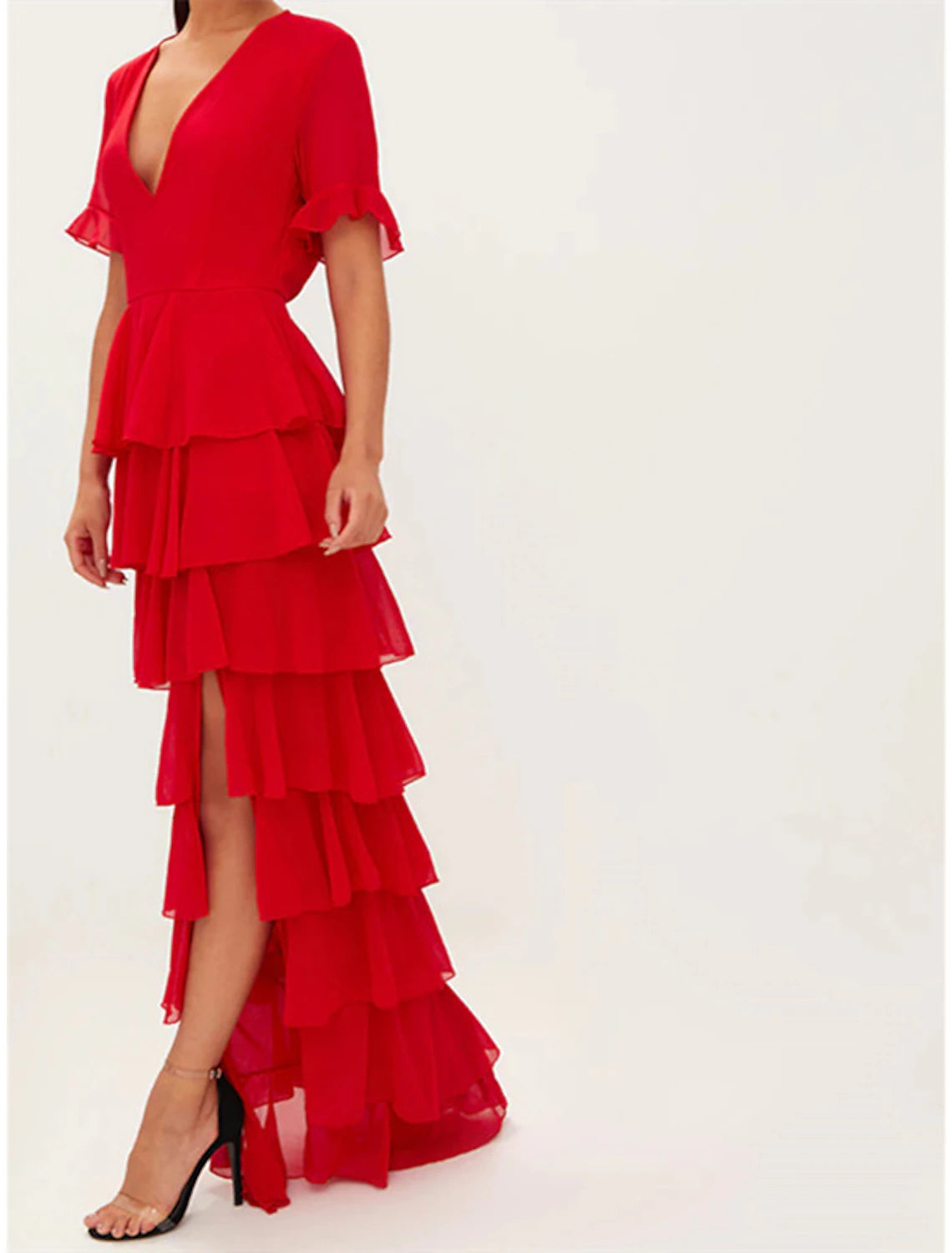 A-Line Evening Dress Red Green Dress Elegant Wedding Guest Formal V Neck Short Sleeve Floor Length Chiffon with Ruffles Tier