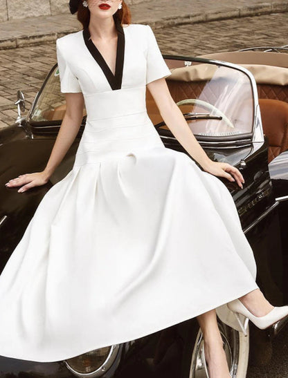 A-Line Cocktail Dresses Elegant Dress Wedding Guest Ankle Length Short Sleeve V Neck Stretch Fabric with Ruched