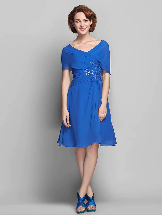 A-Line Mother of the Bride Dress Elegant V Neck Knee Length Chiffon Short Sleeve with Criss Cross Beading Ruffles