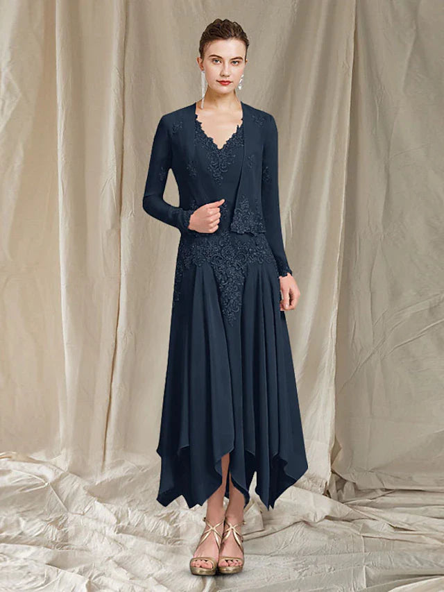 Two Piece A-Line Mother of the Bride Dress Elegant V Neck Ankle Length Chiffon Lace Sleeveless Wrap Included with Pleats Appliques