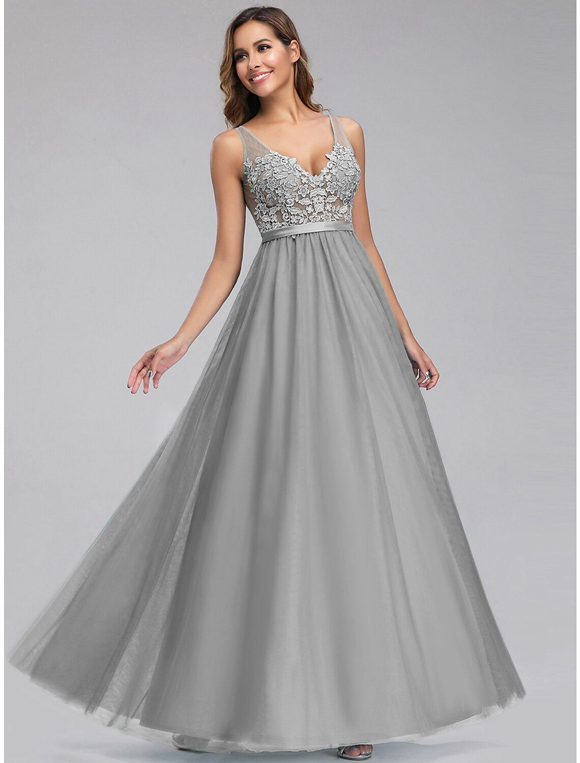 A-Line Empire Holiday Prom Dress V Neck V Back Sleeveless Floor Length Chiffon with Appliques