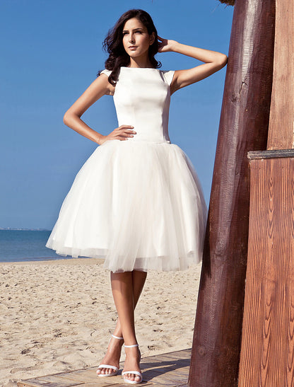 Beach Little White Dresses Wedding Dresses A-Line Scoop Neck Cap Sleeve Knee Length Satin Bridal Gowns With Draping