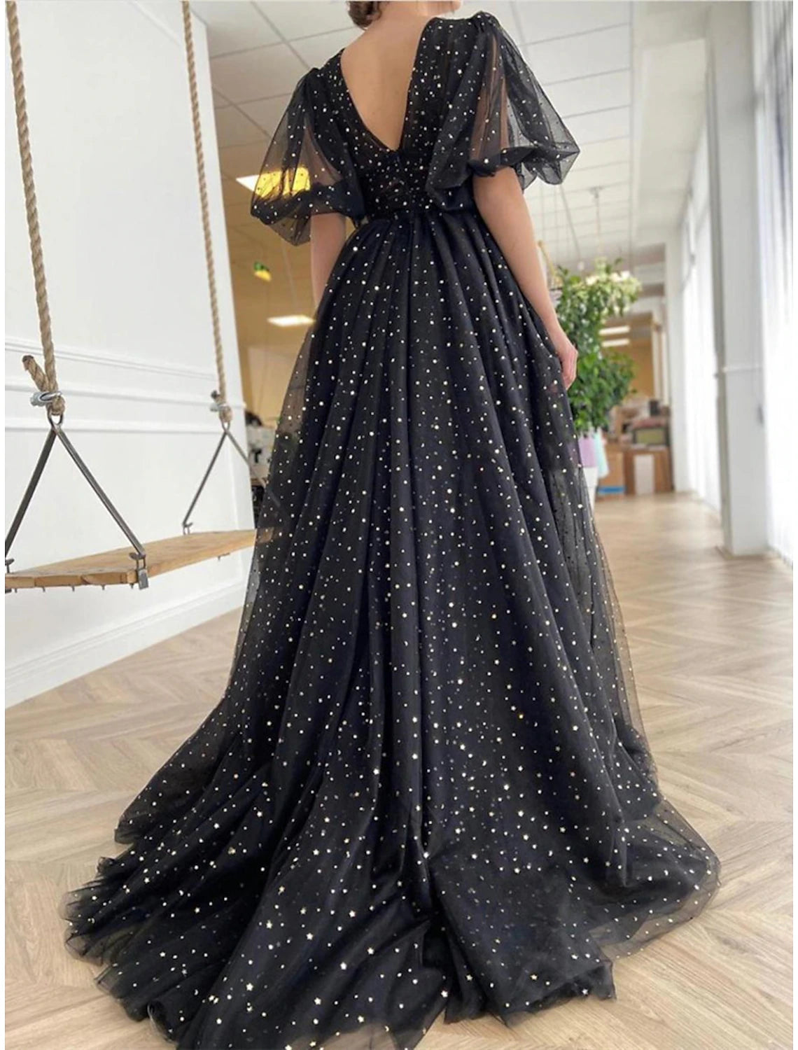 A-Line Prom Dresses Elegant Dress Wedding Guest Prom Court Train Half Sleeve V Neck Wednesday Addams Family Tulle V Back with Bow(s) Sequin Slit