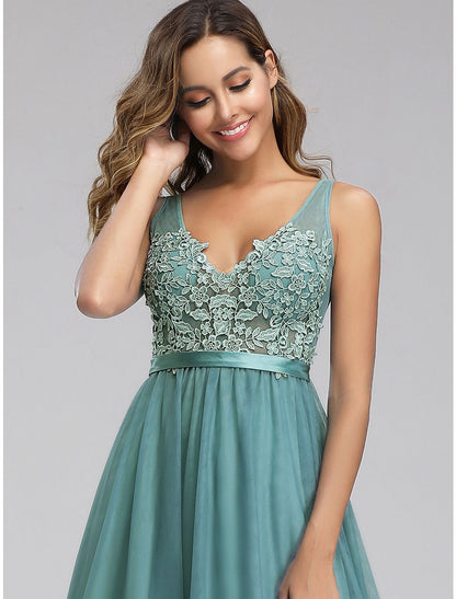 A-Line Empire Holiday Prom Dress V Neck V Back Sleeveless Floor Length Chiffon with Appliques