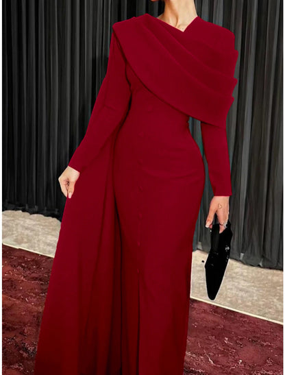 Sheath / Column Evening Gown Elegant Dress Formal Fall Sweep / Brush Train Long Sleeve Cowl Neck Stretch Fabric with Buttons Slit