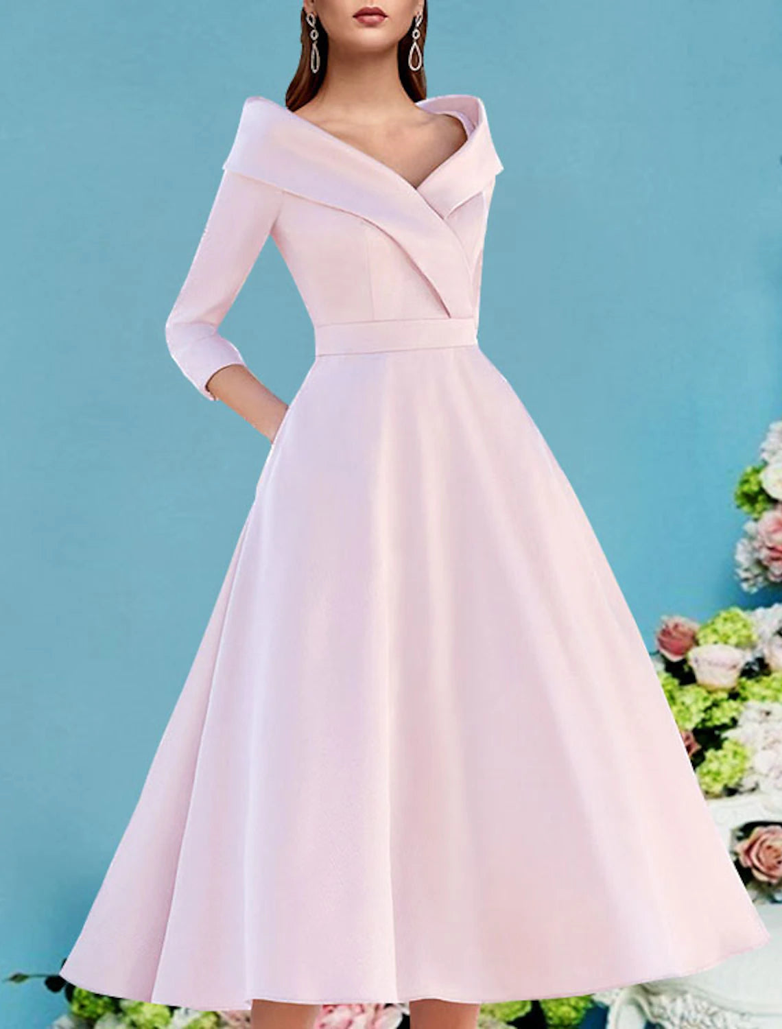 A-Line Mother of the Bride Dress Wedding Guest Vintage Elegant V Neck Tea Length Satin 3/4 Length Sleeve with Pleats