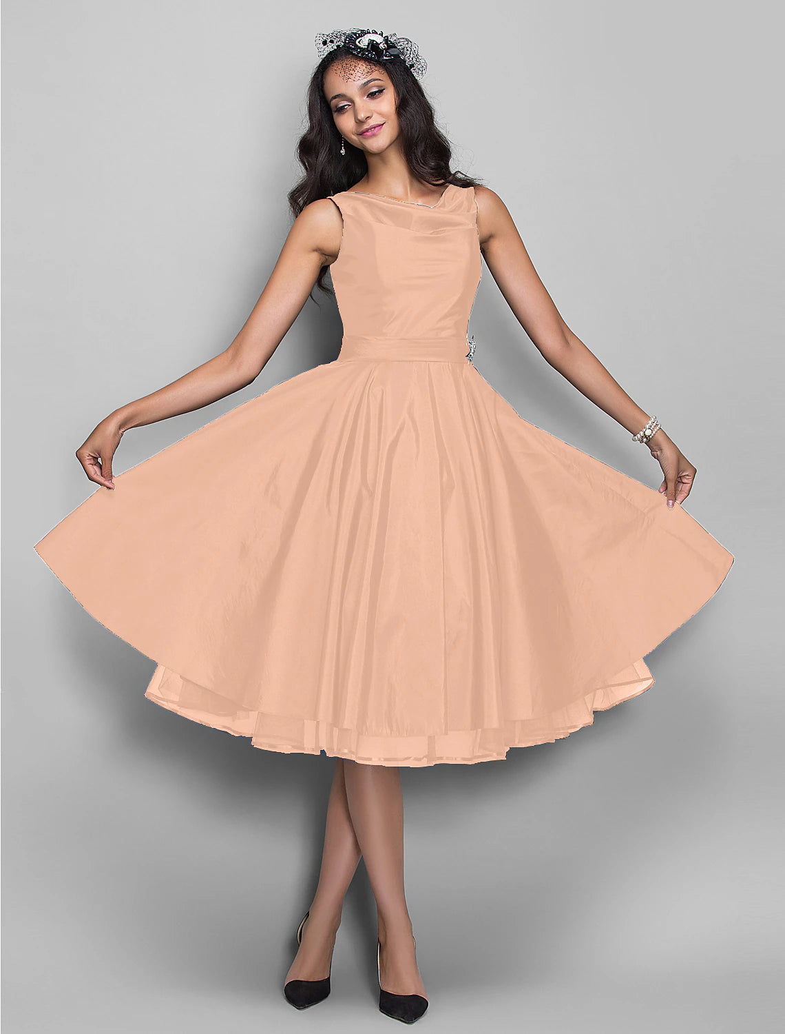 A-Line Cocktail Dresses Vintage Dress Halloween Wedding Guest Knee Length Sleeveless V Neck Taffeta with Pleats Crystals